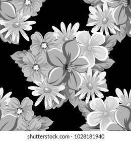 abstract seamless pattern of flowers on black background. for card designs, greeting cards, birthday invitations, Valentine's day, party, holiday. Vector illustration.