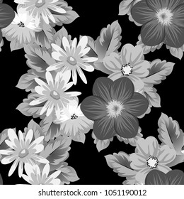 abstract seamless pattern of flowers on black background. For your textile design, postcards, greeting for birthday, wedding and many more. Vector illustration.