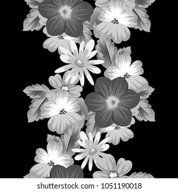 abstract seamless pattern of flowers on black background. For your textile design, postcards, greeting for birthday, wedding and many more. Vector illustration.