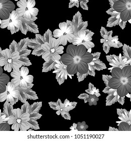 abstract seamless pattern of flowers on black background. For your textile design, postcards, greeting for birthday, wedding and many more. Vector illustration.