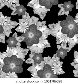 abstract seamless pattern of flowers on black background. For your textile design, postcards, greeting for birthday, wedding and many more. Vector illustration.