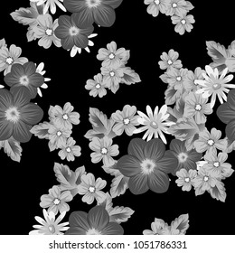 abstract seamless pattern of flowers on black background. For your textile design, postcards, greeting for birthday, wedding and many more. Vector illustration.