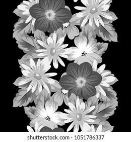 abstract seamless pattern of flowers on black background. For your textile design, postcards, greeting for birthday, wedding and many more. Vector illustration.