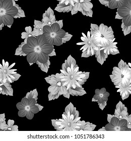abstract seamless pattern of flowers on black background. For your textile design, postcards, greeting for birthday, wedding and many more. Vector illustration.