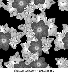 abstract seamless pattern of flowers on black background. For your textile design, postcards, greeting for birthday, wedding and many more. Vector illustration.