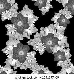 abstract seamless pattern of flowers on black background. For your textile design, postcards, greeting for birthday, wedding and many more. Vector illustration.