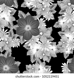 abstract seamless pattern of flowers on black background. For your textile design, postcards, greeting for birthday, wedding and many more. Vector illustration.