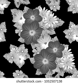abstract seamless pattern of flowers on black background. For your textile design, postcards, greeting for birthday, wedding and many more. Vector illustration.