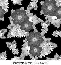 abstract seamless pattern of flowers on black background. For your textile design, postcards, greeting for birthday, wedding and many more. Vector illustration.