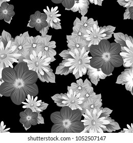 abstract seamless pattern of flowers on black background. For your textile design, postcards, greeting for birthday, wedding and many more. Vector illustration.