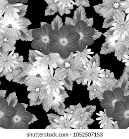 abstract seamless pattern of flowers on black background. For your textile design, postcards, greeting for birthday, wedding and many more. Vector illustration.