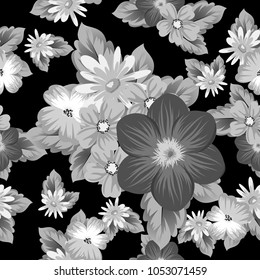 abstract seamless pattern of flowers on black background. For your textile design, postcards, greeting for birthday, wedding and many more. Vector illustration.