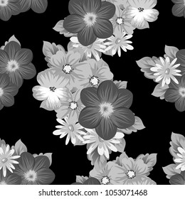 abstract seamless pattern of flowers on black background. For your textile design, postcards, greeting for birthday, wedding and many more. Vector illustration.