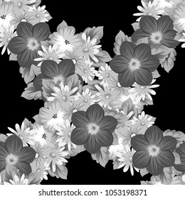 abstract seamless pattern of flowers on black background. For your textile design, postcards, greeting for birthday, wedding and many more. Vector illustration.
