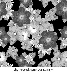 abstract seamless pattern of flowers on black background. For your textile design, postcards, greeting for birthday, wedding and many more. Vector illustration.
