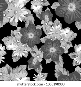 abstract seamless pattern of flowers on black background. For your textile design, postcards, greeting for birthday, wedding and many more. Vector illustration.