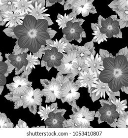 abstract seamless pattern of flowers on black background. For your textile design, postcards, greeting for birthday, wedding and many more. Vector illustration.