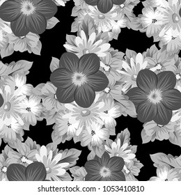 abstract seamless pattern of flowers on black background. For your textile design, postcards, greeting for birthday, wedding and many more. Vector illustration.