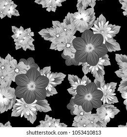 abstract seamless pattern of flowers on black background. For your textile design, postcards, greeting for birthday, wedding and many more. Vector illustration.