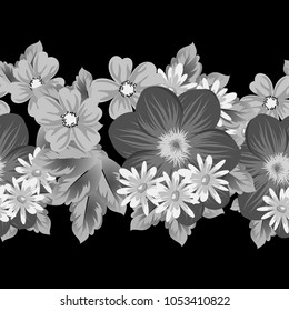 abstract seamless pattern of flowers on black background. For your textile design, postcards, greeting for birthday, wedding and many more. Vector illustration.