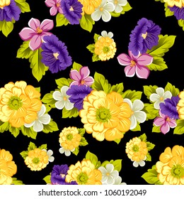 abstract seamless pattern of flowers on black background. For your fabric, garment design. Cards, invitations and greeting cards for birthday, Valentine's day, wedding, party. Vector illustration.