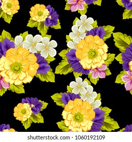 abstract seamless pattern of flowers on black background. For your fabric, garment design. Cards, invitations and greeting cards for birthday, Valentine's day, wedding, party. Vector illustration.