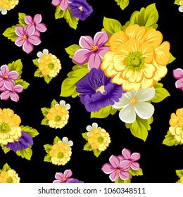 abstract seamless pattern of flowers on black background. For your fabric, garment design. Cards, invitations and greeting cards for birthday, Valentine's day, wedding, party. Vector illustration.