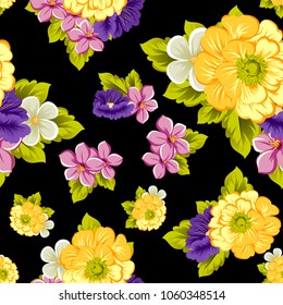 abstract seamless pattern of flowers on black background. For your fabric, garment design. Cards, invitations and greeting cards for birthday, Valentine's day, wedding, party. Vector illustration.