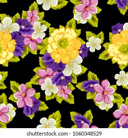 abstract seamless pattern of flowers on black background. For your fabric, garment design. Cards, invitations and greeting cards for birthday, Valentine's day, wedding, party. Vector illustration.
