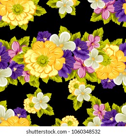 abstract seamless pattern of flowers on black background. For your fabric, garment design. Cards, invitations and greeting cards for birthday, Valentine's day, wedding, party. Vector illustration.