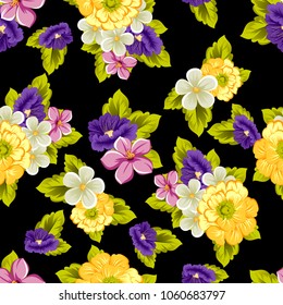 abstract seamless pattern of flowers on black background. For your fabric, garment design. Cards, invitations and greeting cards for birthday, Valentine's day, wedding, party. Vector illustration.