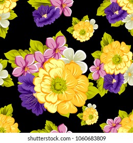 abstract seamless pattern of flowers on black background. For your fabric, garment design. Cards, invitations and greeting cards for birthday, Valentine's day, wedding, party. Vector illustration.