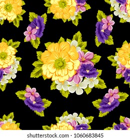 abstract seamless pattern of flowers on black background. For your fabric, garment design. Cards, invitations and greeting cards for birthday, Valentine's day, wedding, party. Vector illustration.