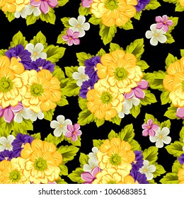 abstract seamless pattern of flowers on black background. For your fabric, garment design. Cards, invitations and greeting cards for birthday, Valentine's day, wedding, party. Vector illustration.