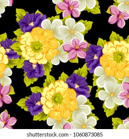 abstract seamless pattern of flowers on black background. For your fabric, garment design. Cards, invitations and greeting cards for birthday, Valentine's day, wedding, party. Vector illustration.