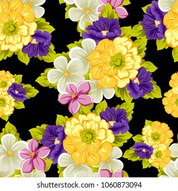abstract seamless pattern of flowers on black background. For your fabric, garment design. Cards, invitations and greeting cards for birthday, Valentine's day, wedding, party. Vector illustration.