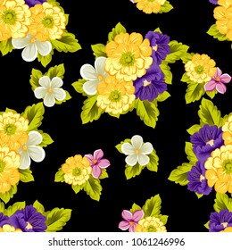 abstract seamless pattern of flowers on black background. For your fabric, garment design. Cards, invitations and greeting cards for birthday, Valentine's day, wedding, party. Vector illustration.