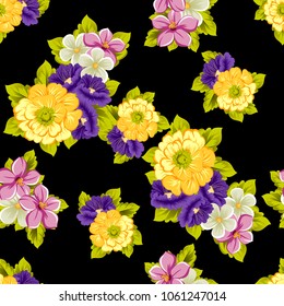 abstract seamless pattern of flowers on black background. For your fabric, garment design. Cards, invitations and greeting cards for birthday, Valentine's day, wedding, party. Vector illustration.