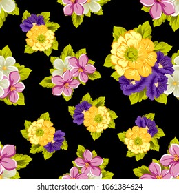 abstract seamless pattern of flowers on black background. For your fabric, garment design. Cards, invitations and greeting cards for birthday, Valentine's day, wedding, party. Vector illustration.