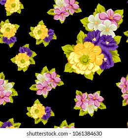 abstract seamless pattern of flowers on black background. For your fabric, garment design. Cards, invitations and greeting cards for birthday, Valentine's day, wedding, party. Vector illustration.