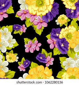 abstract seamless pattern of flowers on black background. For your fabric, garment design. Cards, invitations and greeting cards for birthday, Valentine's day, wedding, party. Vector illustration.