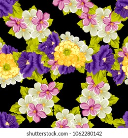abstract seamless pattern of flowers on black background. For your fabric, garment design. Cards, invitations and greeting cards for birthday, Valentine's day, wedding, party. Vector illustration.