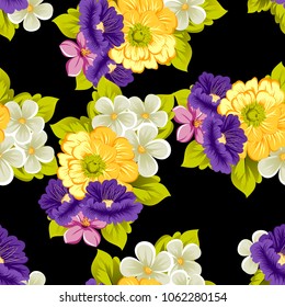 abstract seamless pattern of flowers on black background. For your fabric, garment design. Cards, invitations and greeting cards for birthday, Valentine's day, wedding, party. Vector illustration.