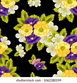 abstract seamless pattern of flowers on black background. For your fabric, garment design. Cards, invitations and greeting cards for birthday, Valentine's day, wedding, party. Vector illustration.