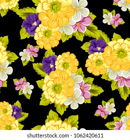 abstract seamless pattern of flowers on black background. For your fabric, garment design. Cards, invitations and greeting cards for birthday, Valentine's day, wedding, party. Vector illustration.