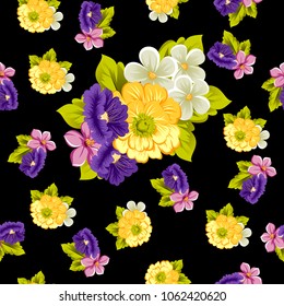 abstract seamless pattern of flowers on black background. For your fabric, garment design. Cards, invitations and greeting cards for birthday, Valentine's day, wedding, party. Vector illustration.