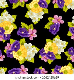 abstract seamless pattern of flowers on black background. For your fabric, garment design. Cards, invitations and greeting cards for birthday, Valentine's day, wedding, party. Vector illustration.