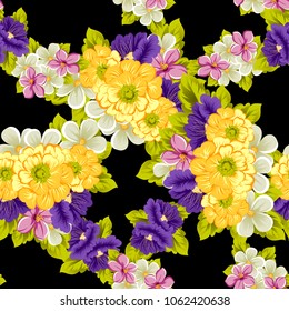 abstract seamless pattern of flowers on black background. For your fabric, garment design. Cards, invitations and greeting cards for birthday, Valentine's day, wedding, party. Vector illustration.