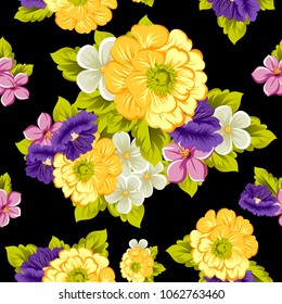 abstract seamless pattern of flowers on black background. For your fabric, garment design. Cards, invitations and greeting cards for birthday, Valentine's day, wedding, party. Vector illustration.