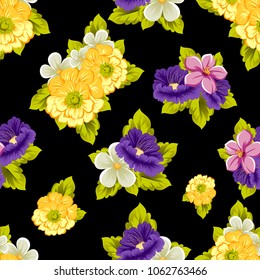 abstract seamless pattern of flowers on black background. For your fabric, garment design. Cards, invitations and greeting cards for birthday, Valentine's day, wedding, party. Vector illustration.
